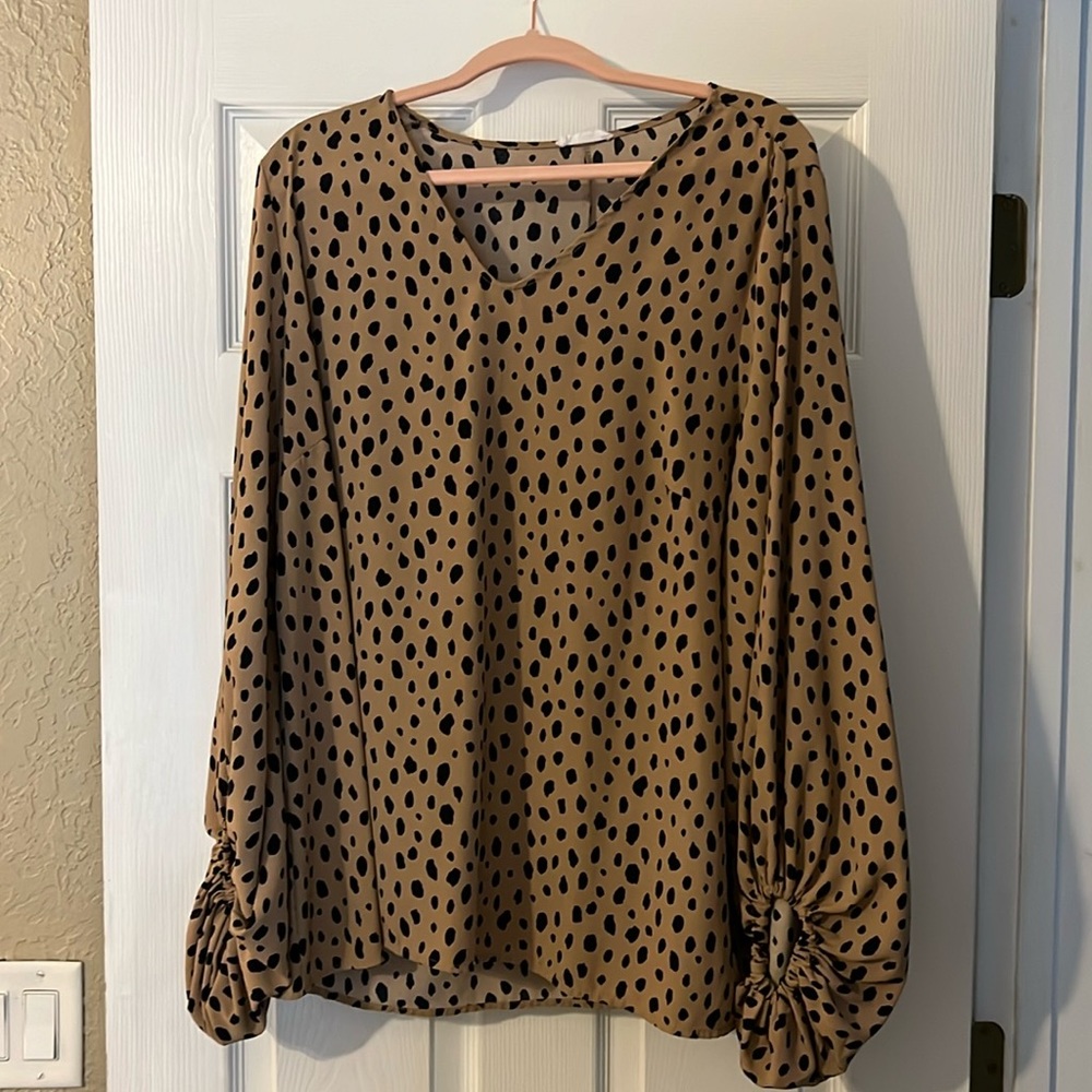 Chic Soul Tan Blouse with Black Spot Print